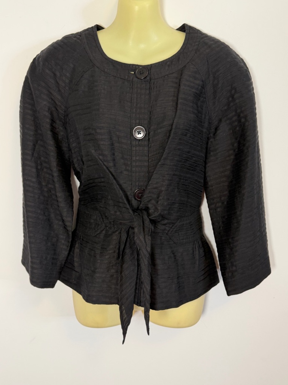 Jones New York Black Textured Tie-Front Button Jacket